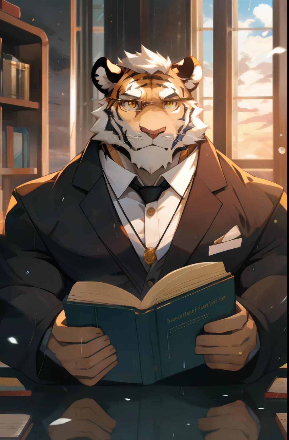 masterpiece，night，Anthropomorphic tiger，one person，（（（s hair））），male，26 years old，thick eyebrows，Light-colored fur，Strong body，Large pecs，（（（，Black teacher uniform，gold watch，Blue and black glasses））），full-body shot，在classroomAttend class，（（（Holding a textbook））），（（（looking out the window）））dark night，Light，classroom，（（（white hair））），Serious，emotional focus，Reading a book，peaceful，Teacher，Attend class，golden pupils，big eyes，Strong，Lying on the bed，full body image，天空dark clouds密布，cloudy day，green plants，it&#39;It&#39;s raining，big tree，high-rise，dark clouds（（（background：高中classroom1.5））），（（（Detailed character description））），