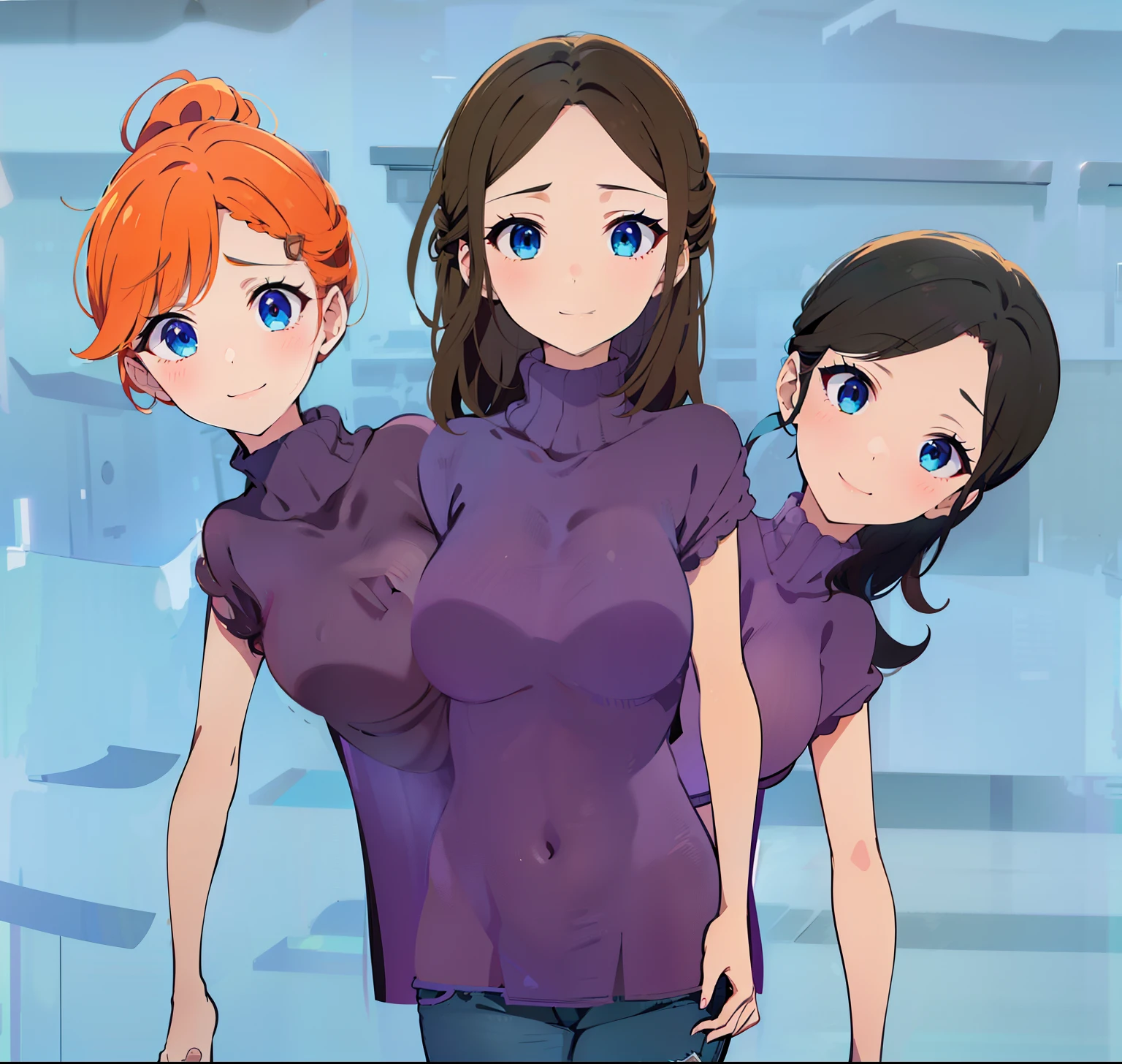 best quality, (masterpiece),(ultra-detailed), (high quality), (high resolution), ((3heads:1.5)), best quality:1.5, highres, UHD, 16K), three headed woman, smiling, highres, masterpiece, (orange hair), (black hair), (brown hair), (purple turtleneck shirt), blue jeans pants, three heads, one body, (blue eyes), teenage girl