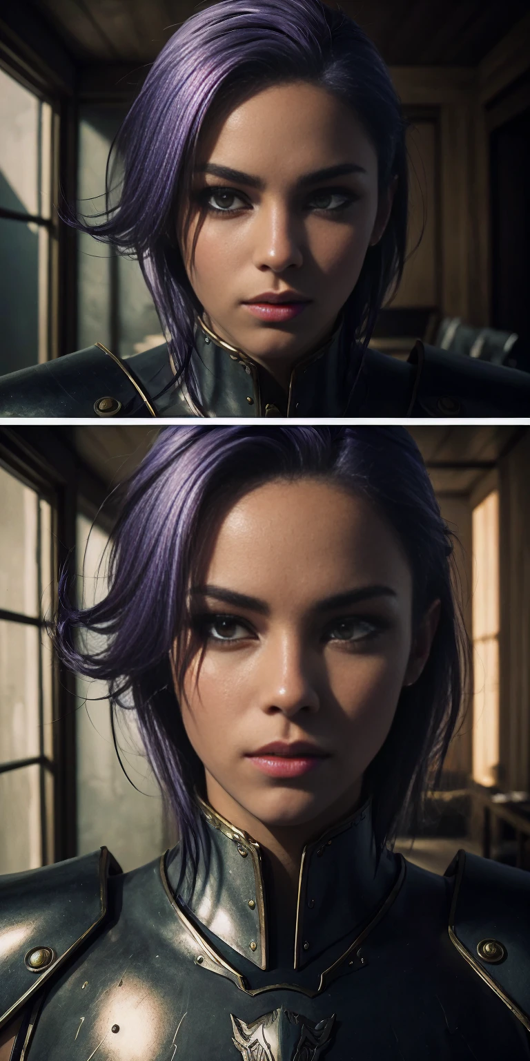 "Amity from Owl House (who is heavily armored) frantically hitting on a two-way window as a viewer walked by, scared and confused, heavily blushing and worried. Medium: Illustration. Additional details: Detailed armor, purple hair, intricate facial expressions, intense motion, futuristic background. (best quality, 4k, highres, masterpiece:1.2), ultra-detailed, (realistic:1.37). Art style: sci-fi. Color tone: Dark and vibrant. Lighting: Dramatic and contrasting shadows."