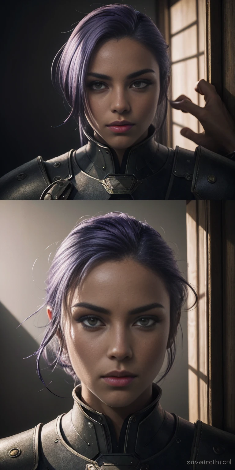 "Amity from Owl House (who is heavily armored) frantically hitting on a two-way window as a viewer walked by, scared and confused, heavily blushing and worried. Medium: Illustration. Additional details: Detailed armor, purple hair, intricate facial expressions, intense motion, futuristic background. (best quality, 4k, highres, masterpiece:1.2), ultra-detailed, (realistic:1.37). Art style: sci-fi. Color tone: Dark and vibrant. Lighting: Dramatic and contrasting shadows."