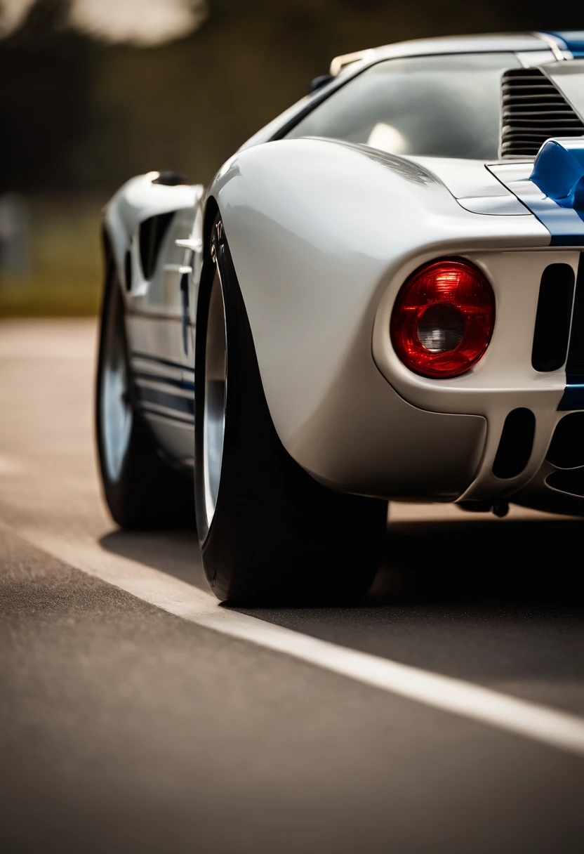 Preciso de um carro da Ford parecido com o Ford GT40, with its own team for Le Mans. Em um estilo hiperrealista, foto realista, cinematographic, UHD, nas cores vermelho e branco.