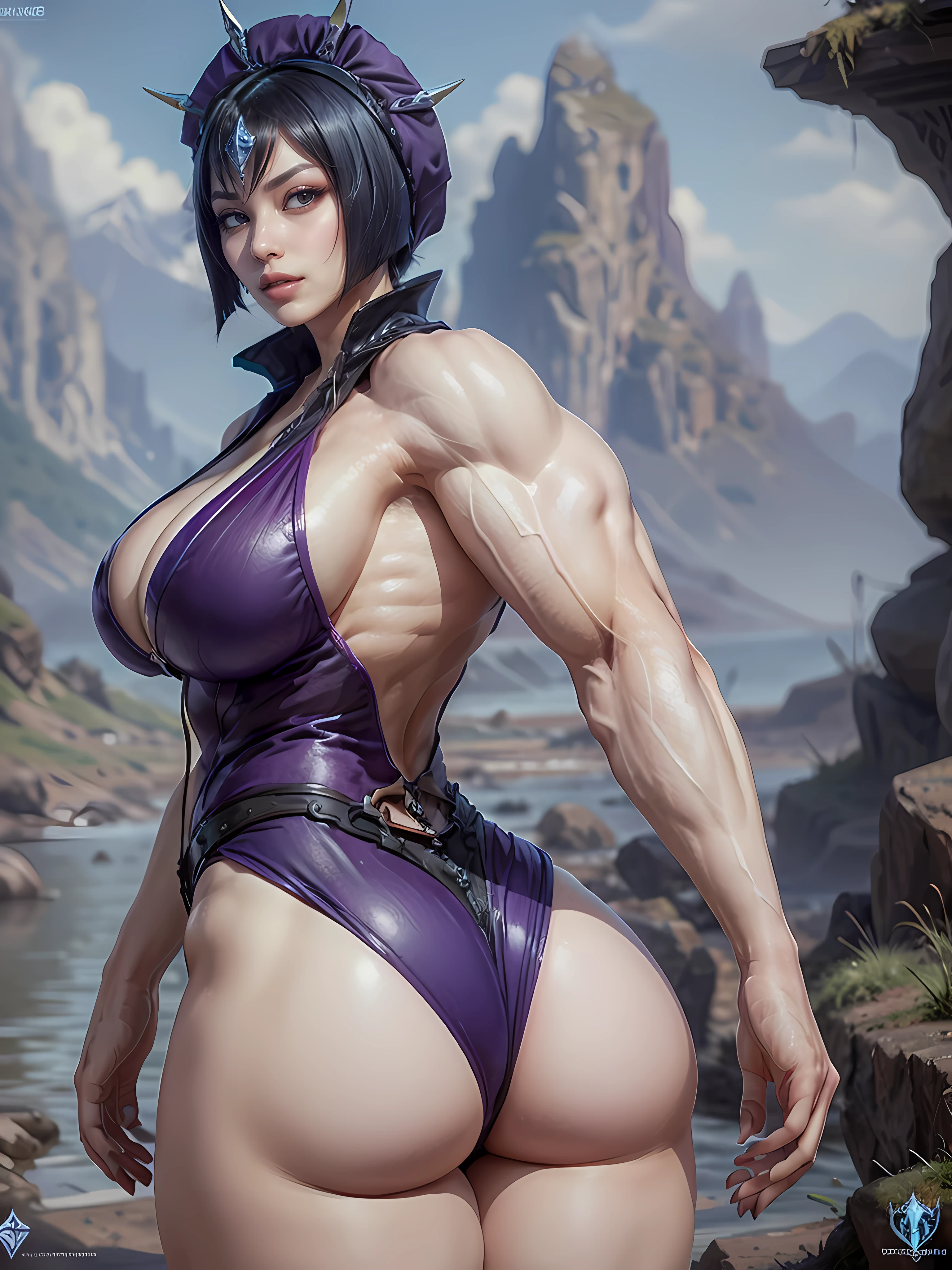cowboy shot, ((masterpiece)), ((highly detailed)), ((best quality)), realistic, ((((Massive Female Bodybuilder)))), (((huge muscular ass))), (wide hips), (slim waist), (((wide shoulders))), ((((Huge breasts)))), evil_lyn, beautiful woman with heavy makeup, (pale skin:1.3), holding a wand, ((blue)) and purple outfit, beautiful eyes, perfect eyes, perfect hands, ((fantasy mountain background)), outdoors, lightning storm, dynamic pose, dynamic angle,
