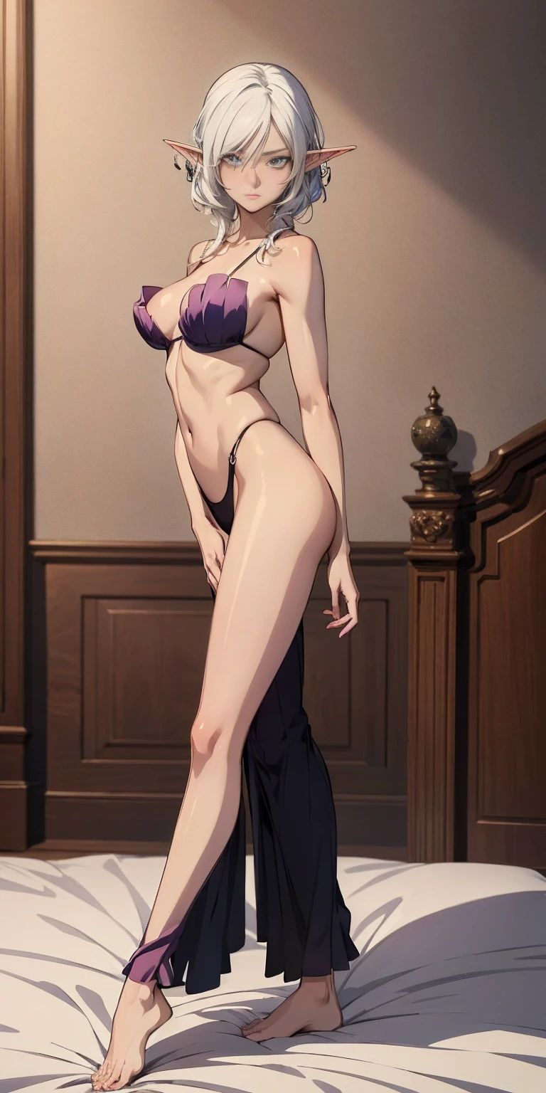 (ANIME STYLE:1.4), (masterpiece, sidelighting, finely detailed beautiful eyes: 1.2) A photo of sexy beautiful elf female flexing warrior full body close-up shot looking to the viewer, top quality, high quality, high definition, 4K, inside a bedroom background, bed, pillow, sheet, barefoot