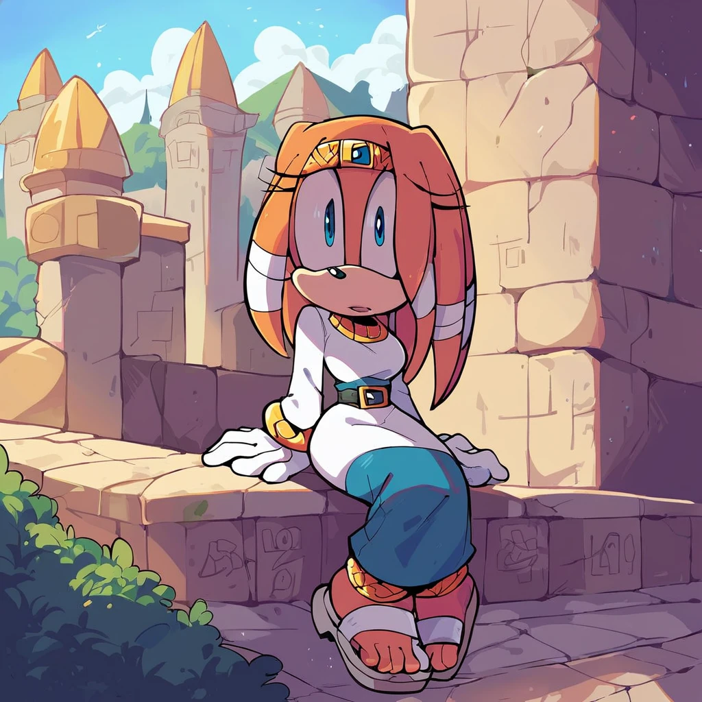 score_9, score_8_up, 2D, flat color, 1girl, solo, outdoors, tikal the echidna from the sonic the hedgehog series, wide hips, narrow waist, sandals, sitting on stone steps, temple, (white long sleeve turtleneck sweater dress), (black wide elastic waist belt with gold buckle), navy blue pants, milf sized bust, breasts, milf, makeup
