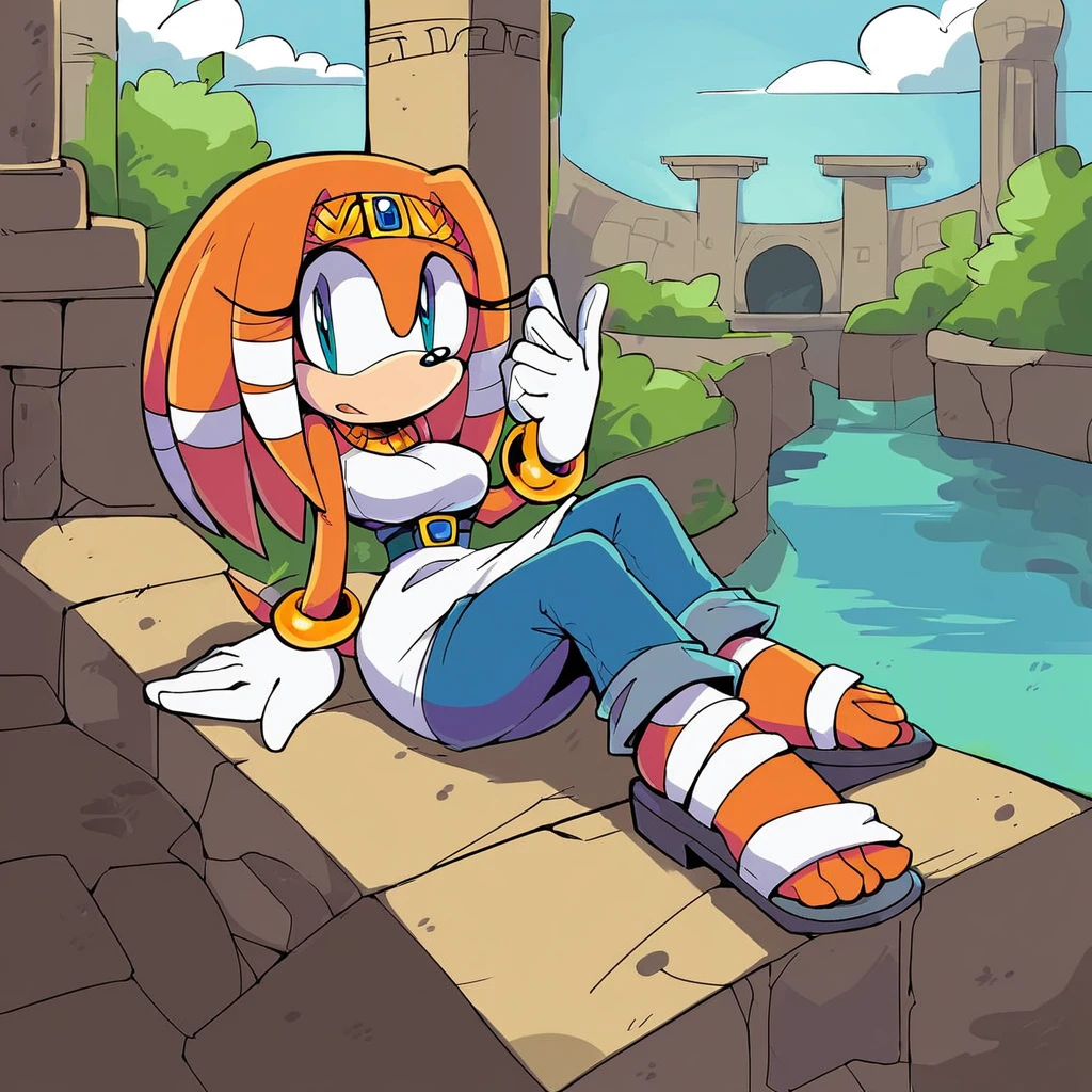 score_9, score_8_up, 2D, flat color, 1girl, solo, outdoors, tikal the echidna from the sonic the hedgehog series, wide hips, narrow waist, sandals, sitting on stone steps, temple, (white long sleeve turtleneck sweater dress), (black wide elastic waist belt with gold buckle), navy blue pants, milf sized bust, breasts, milf, makeup
