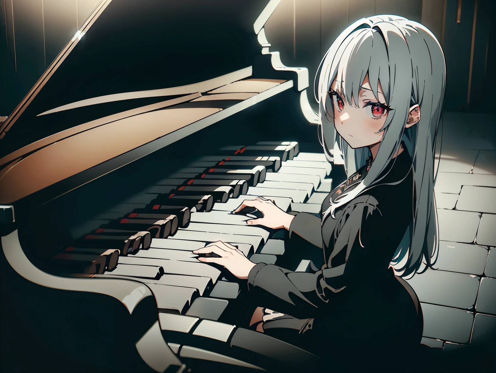 ((Cinematic view)), a girl with beautiful silver hair and expressionless red eyes, wearing a black , sitting and playing the piano, in a dark room, (vivid collors), (((anime_colors))).