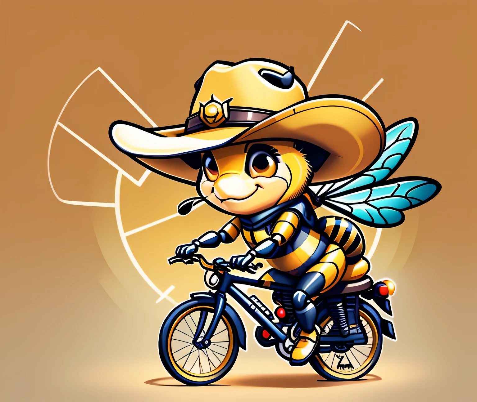 bee insect style of Pixar, bee wearing a cowboy hat, rides a bicycle, vector, western saddle.
