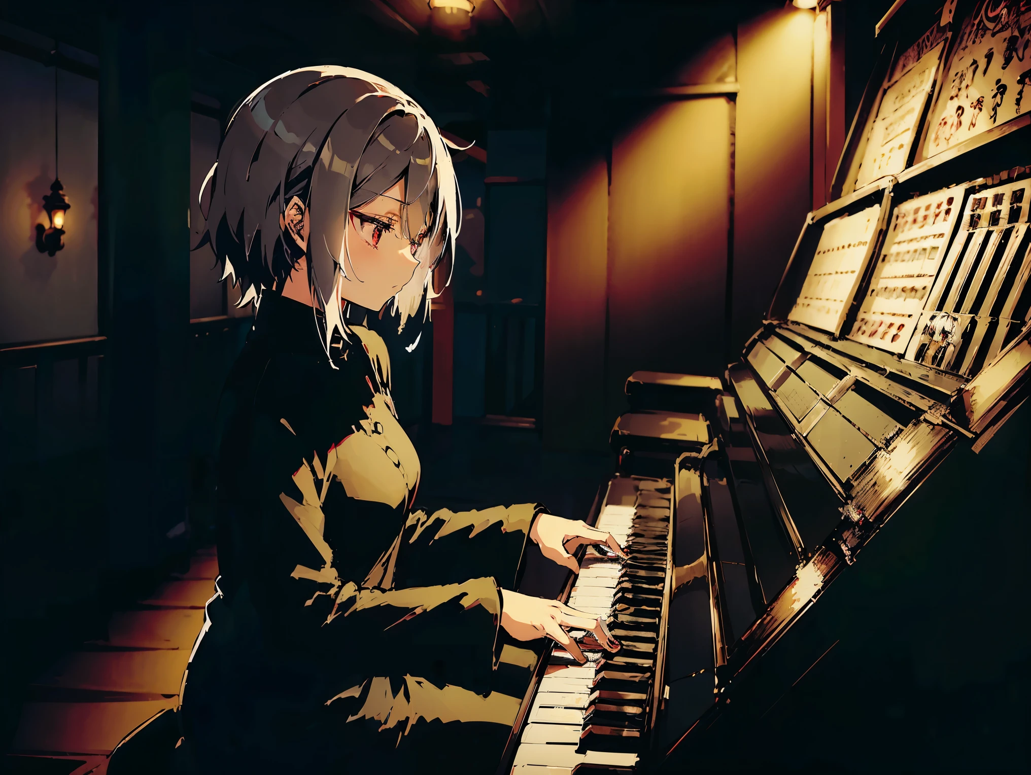 ((Cinematic view)), a girl with beautiful silver hair and expressionless red eyes, wearing a black , sitting and playing the piano, in a dark room, (vivid collors), (((anime_colors))).