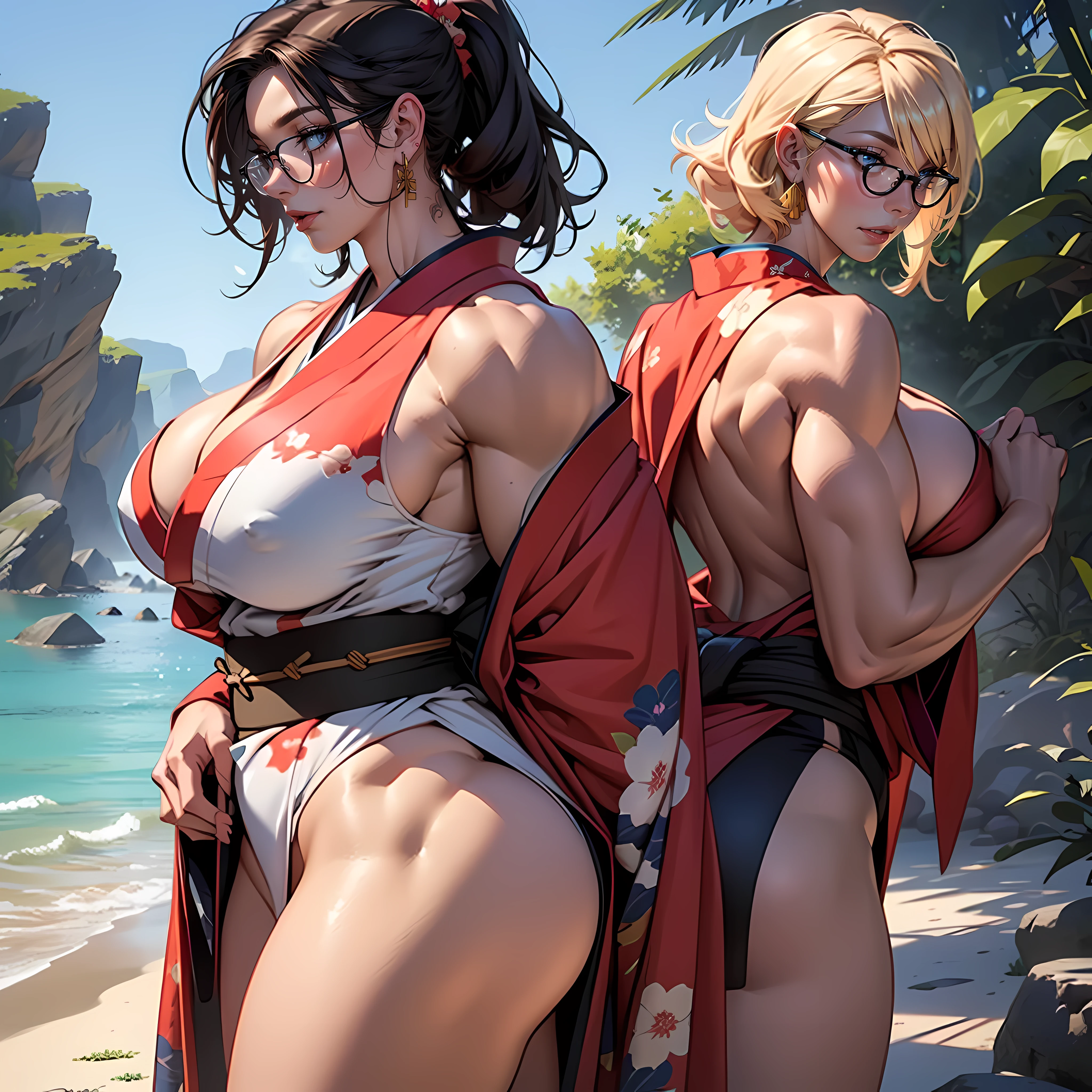 (((Massive Female Bodybuilder:1.2))), ((((huge muscular ass)))), ((wide hips)), (slim waist), (((wide shoulders))), ((((Huge breasts)))), ((NSFW)), solo,thick thighs,short detailed hair,curlies,beachside,Love glasses ,Leaning in ,cheerfulness,(Red belly pocket:1.2),4K,realistic humid skin,very big tongue out,Fleshy figure,Bronzed skin,Detailed lips,otherworld background,Korean Goddess,Realistic fantasy rendering,Forced hair,photorealistic anime girl rendering,Faraway view,(full-body portraits:1.4),Wear a delicate earring pendant,(((transparent kimono))),rendering by octane, (Unbeatable masterpiece, ultra realistic 8k cg, dramatics, Ray traching, hdr:1.2), (best qualtiy), fanciful, extremely detailed, intricate, (photorealistic face: 1.2), Bright red lip gloss