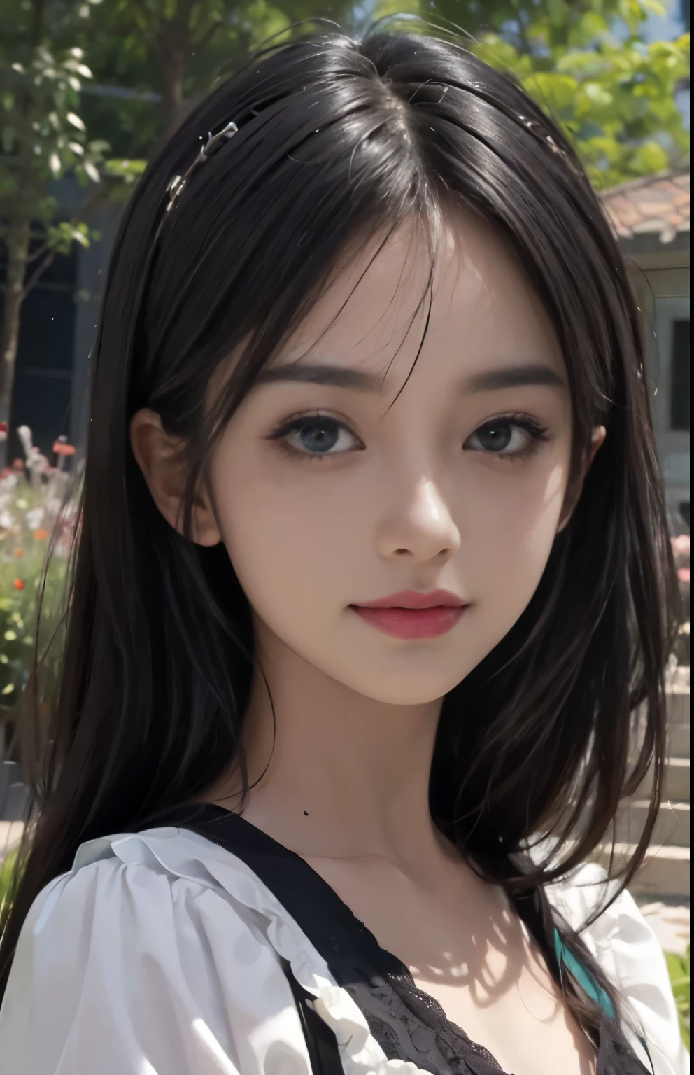 (ultra realistic) , (illustration), (increase resolution), (8K), (extremely detailed), (best illustration), (beautiful detailed eyes), (best quality), (ultra-detailed), (masterpiece), (wallpaper), (detailed face), solo,1 girl, looking at viewers, black straight hair, delicate details, in the dark, deep shadow, low key, pureerosfaceace_v1, happy smile, colorful summer dress, full body, garden
