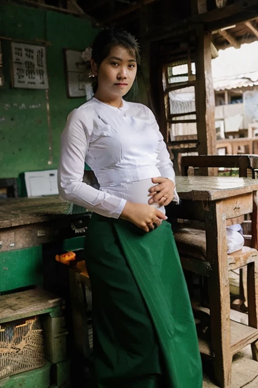 Stable Diffusion prompt:
woman, standing, green skirt, white shirt, nivanh chanthara, traditional garb, traditional dress, headmistress uniform, traditional clothes, authentic attire, lam manh style, pregnant, nuttavut baiphowongse, student, 30 years old.The teacher is 6 pregnant.