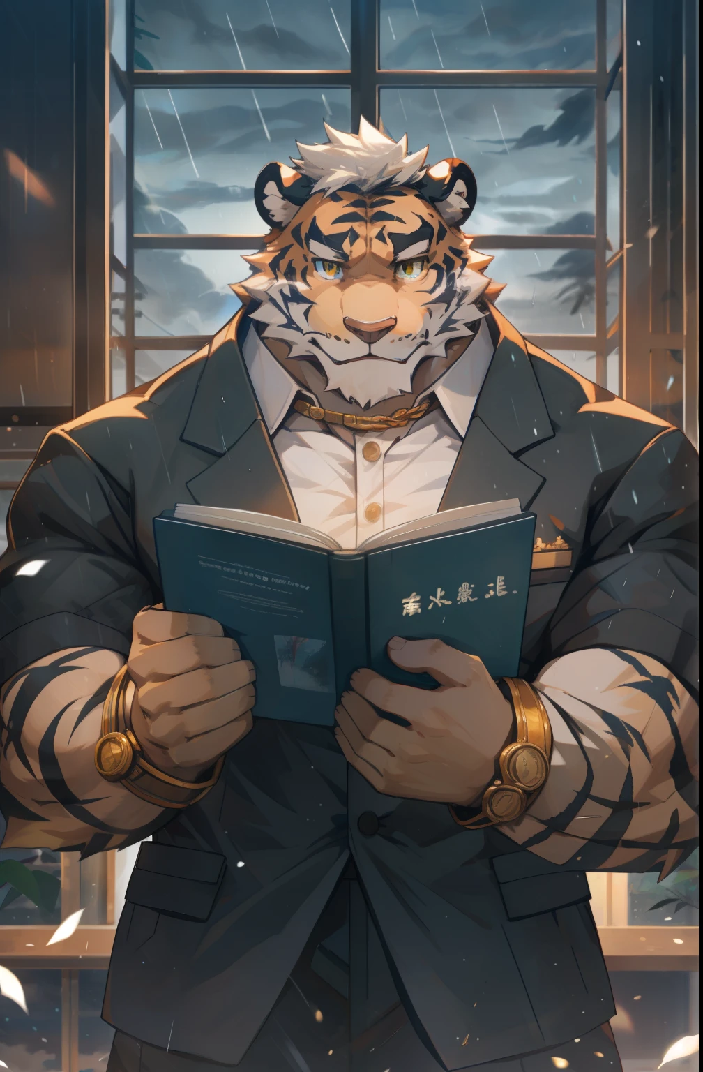 masterpiece,night,Anthropomorphic tiger,one person,(((s hair))),male,26 years old,thick eyebrows,Light-colored fur,Strong body,Large pecs,(((,Black teacher uniform,gold watch,Blue and black glasses))),full-body shot,在classroomAttend class,(((Holding a textbook))),(((looking out the window)))dark night,Light,classroom,(((white hair))),Serious,emotional focus,Reading a book,peaceful,Teacher,Attend class,golden pupils,big eyes,Strong,Lying on the bed,full body image,天空dark clouds密布,cloudy day,green plants,it'It's raining,big tree,high-rise,dark clouds(((background:高中classroom1.5))),(((Detailed character description))),