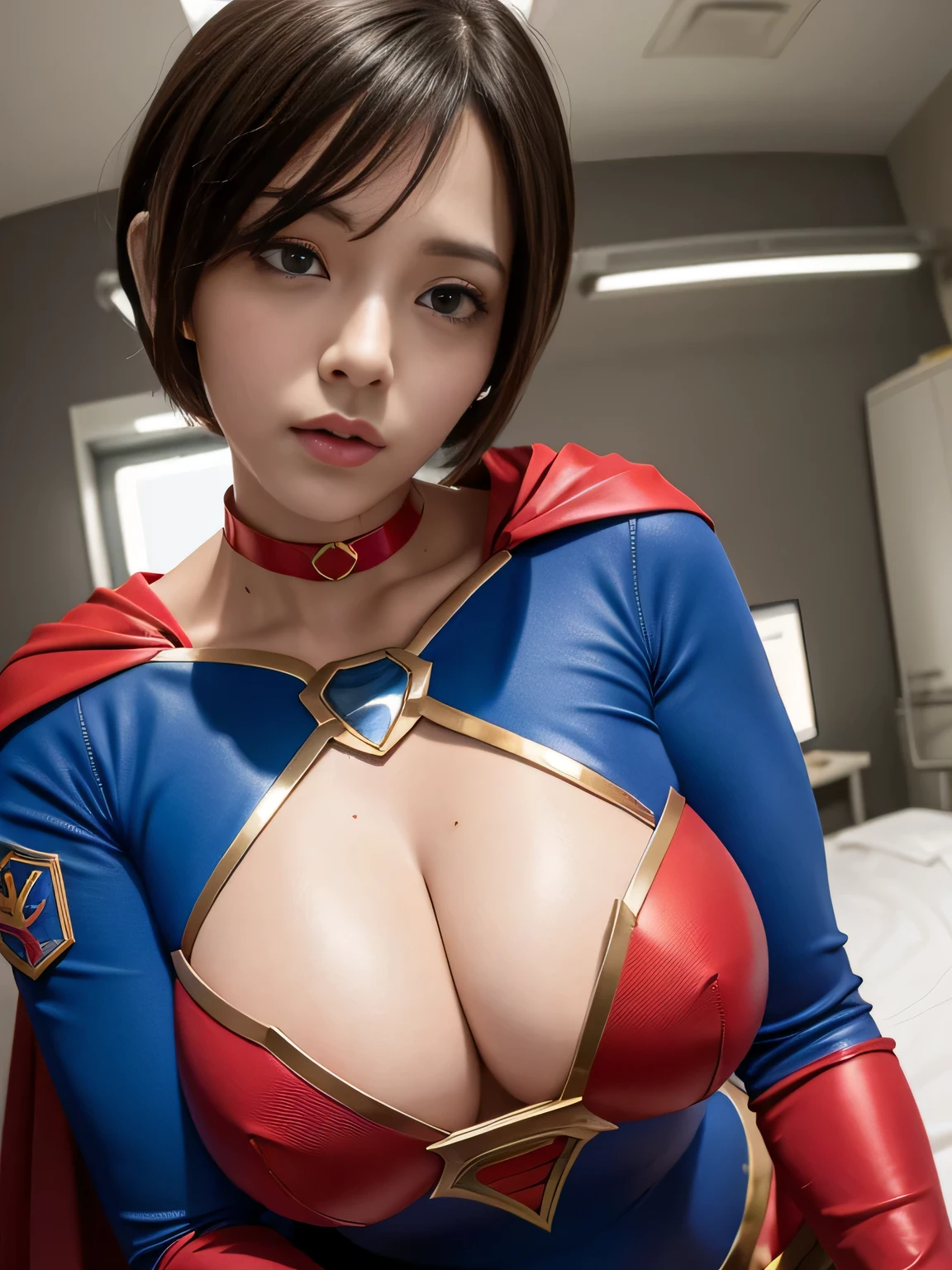 masterpiece、Enamel Supergirl Costume、short hair、Hospital operating table、Crisis situation、big and full 、looking at the camera、shiny、off shoulder、choker、long sleeve、red exy poses to seduce、sweaty、model body shape、Glamorous、charm、charming、abused、