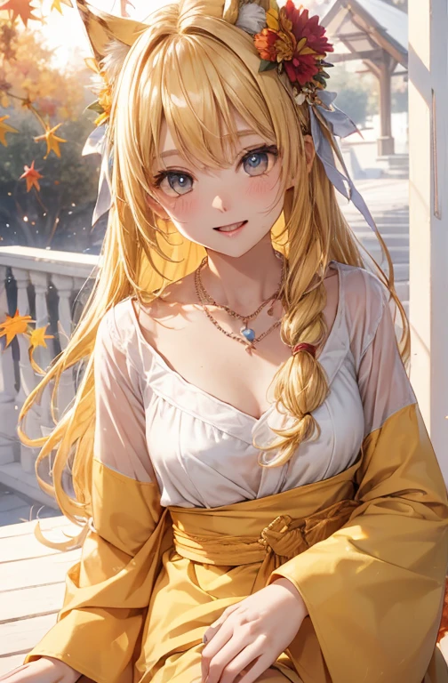 absurd, super detailed,bright colors,Masseter muscle part,very beautiful detailed face and eyes,Highest quality 8K resolution,realistic, Bright colors, soft colors, Warm and gentle lighting,(smooth straight blonde hair:1.2),(parted hair in the middle:1.2),(shining hair),(Cobalt eyes:1.3),(nostalgic atmosphere),The town is surrounded by mysterious boundaries,Cool morning clouds are calm and peaceful,wood々The gentle sunlight illuminates the space.,Like colorful glass,Garden Girl,gentle sunlight,breeze,delicate flowers,Butterflies fly,enchanting natural beauty,shining star fragment,Fox personification,laughter、blush、Red Moon、yellow skin、yellow mesh、yellow thin kimono、autumn leaves at night、valley、double teeth、small necklace