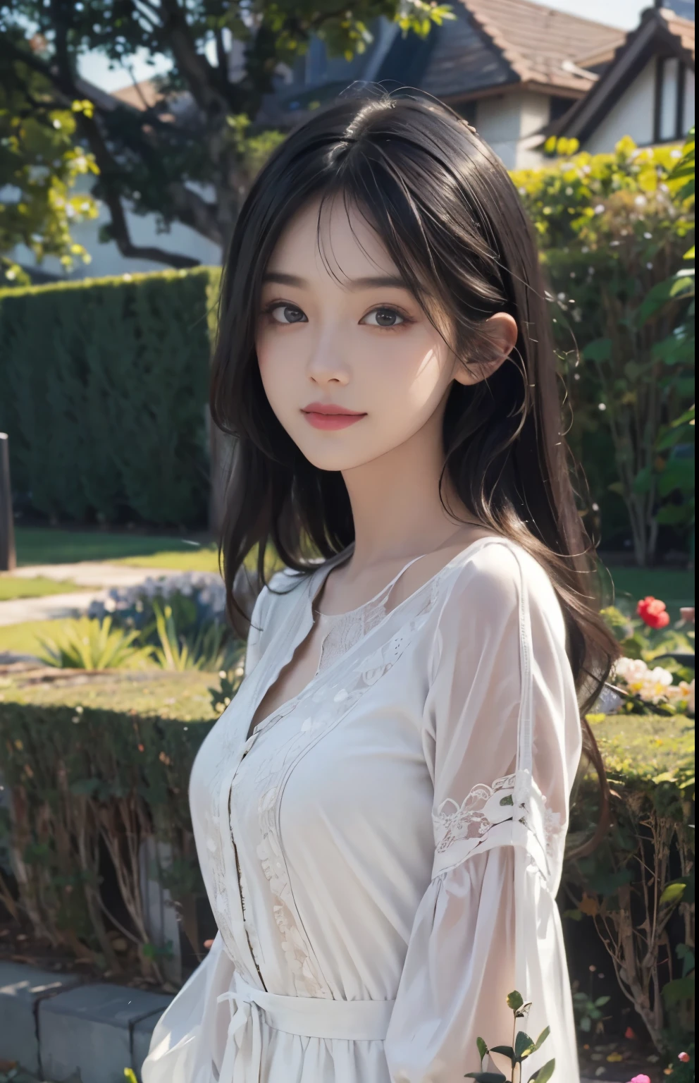 (ultra realistic) , (illustration), (increase resolution), (8K), (extremely detailed), (best illustration), (beautiful detailed eyes), (best quality), (ultra-detailed), (masterpiece),  (wallpaper), (detailed face), solo,1 girl, looking at viewers, black straight hair, delicate details,  in the dark, deep shadow, low key, pureerosfaceace_v1, happy smile, colorful summer dress, full body, garden