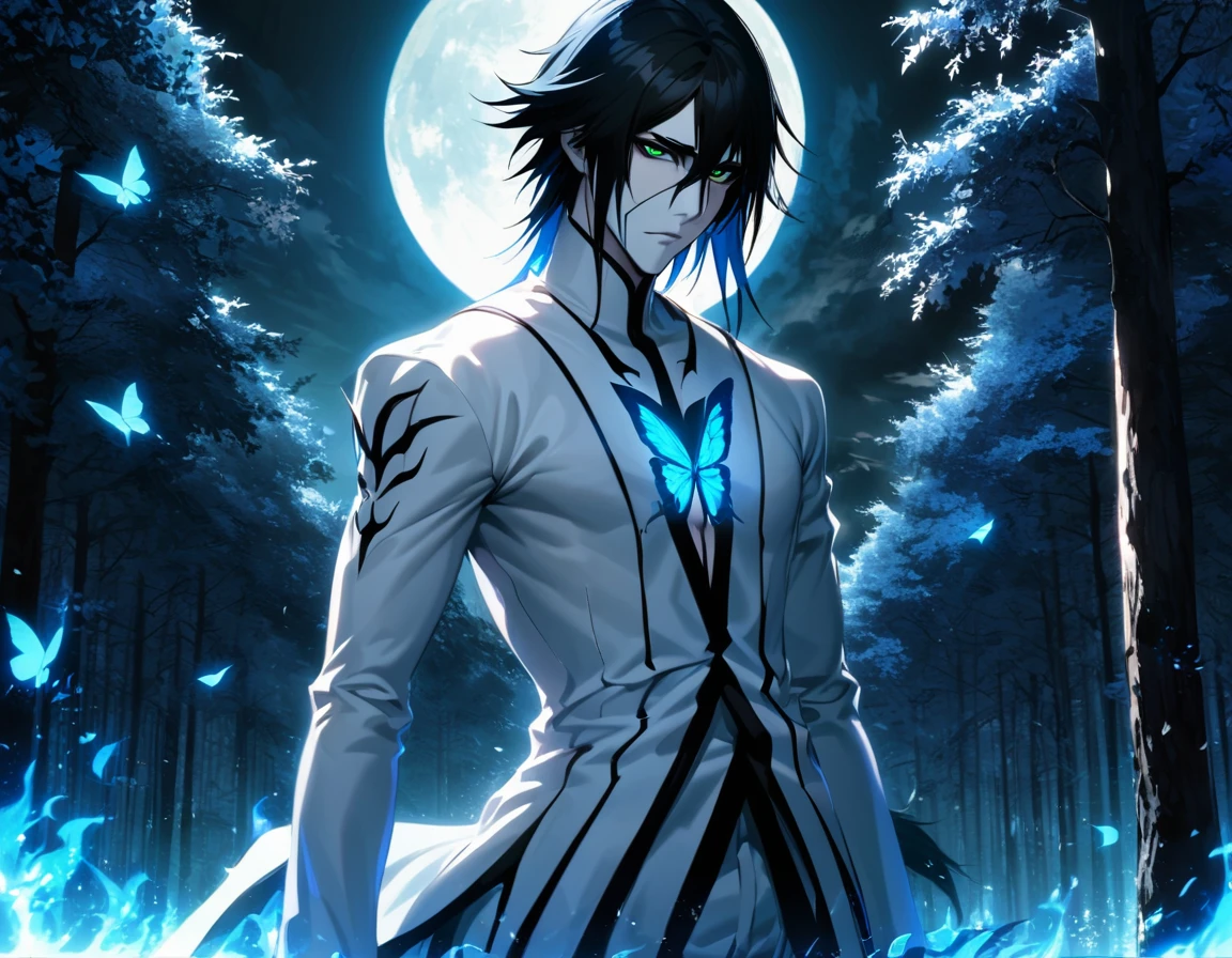 Ultra detailed, highres, absurdres, HDR, Ulquiorra cifer, black hair, green eyes, pale skin, arrancar white clothes, Bleach, handsome, 1 man only, blue flames, blue butterflies, blue forest, moon,