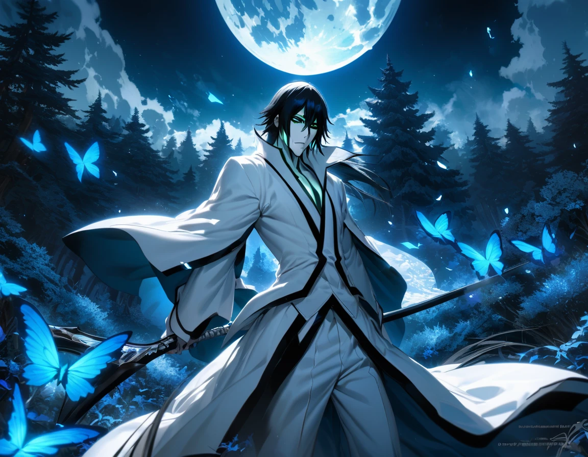Ultra detailed, highres, absurdres, HDR, Ulquiorra cifer, black hair, green eyes, pale skin, arrancar white clothes, Bleach, handsome, 1 man only, blue flames, blue butterflies, blue forest, moon,