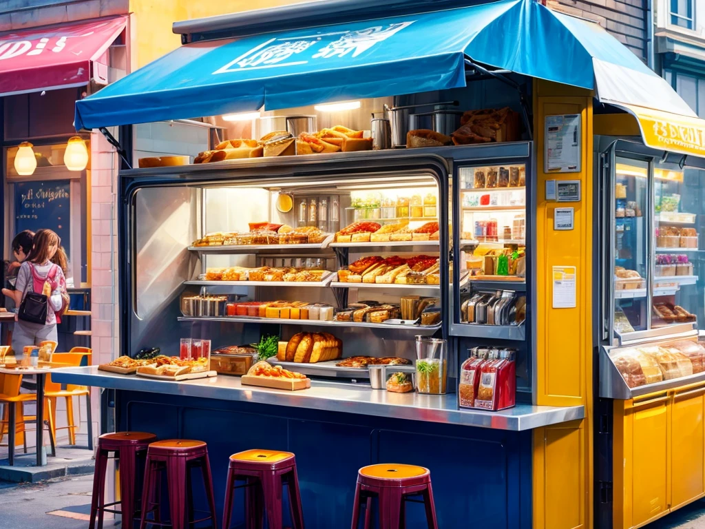 1 food truck, a girl at breakfast, Morning, LED light, Color LED, Sandwiches, drinks, Menus, Breakfast 5 euros, 製作Sandwiches