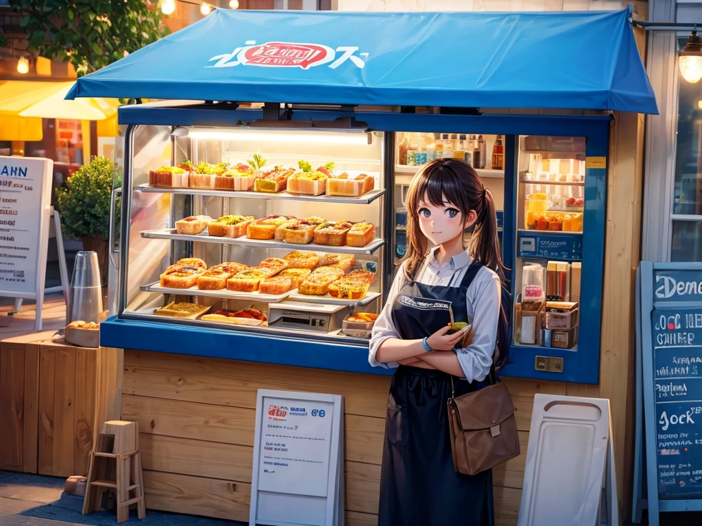 1 food truck, a girl at breakfast, Morning, LED light, Color LED, Sandwiches, drinks, Menus, Breakfast 5 euros, 製作Sandwiches