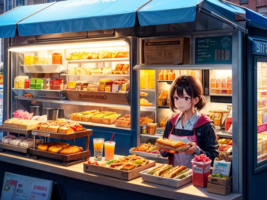 1 food truck, a girl at breakfast, Morning, LED light, Color LED, Sandwiches, drinks, Menus, Breakfast 5 euros, 製作Sandwiches