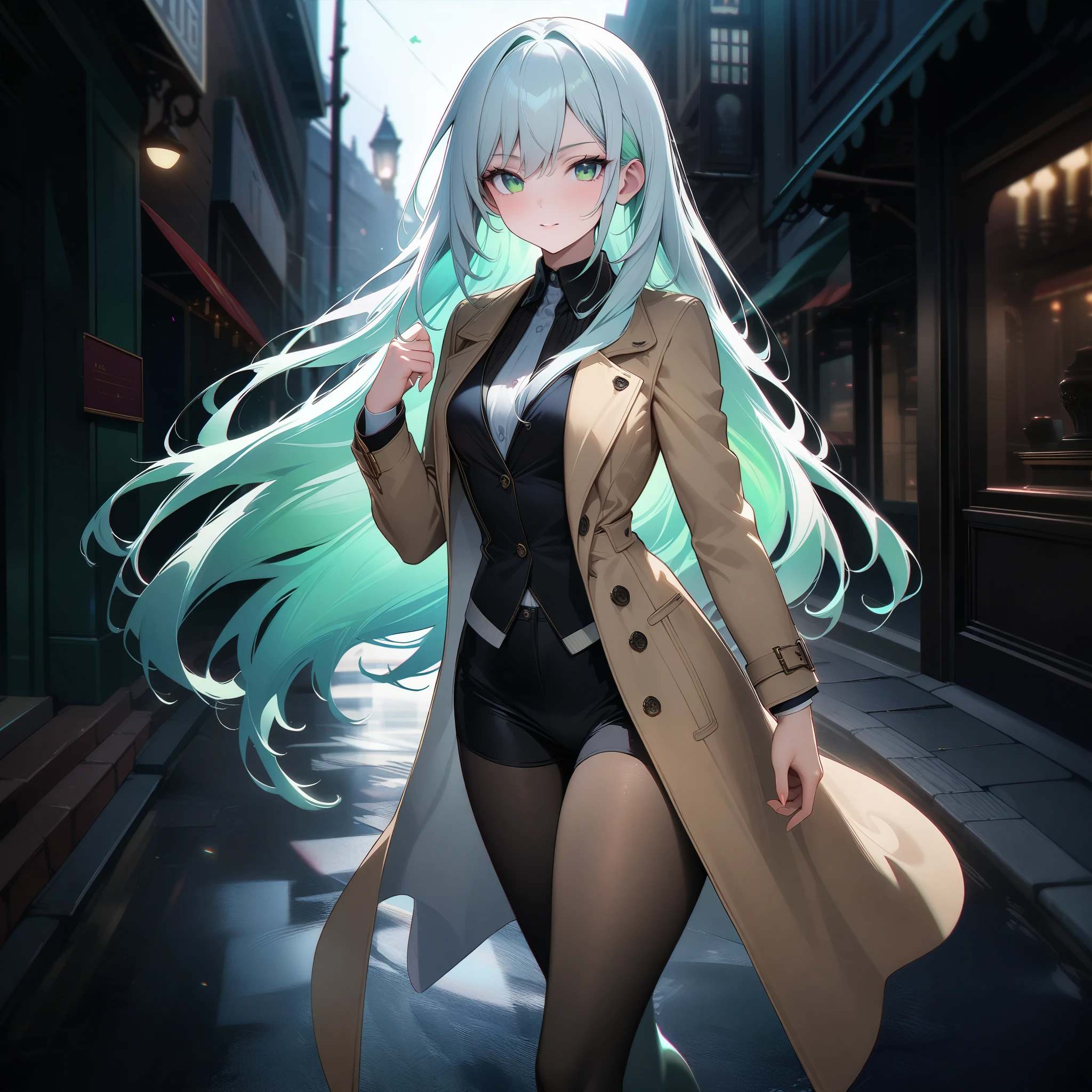 ((masterpiece, best quality, ultra-detailed, an extremely delicate and beautiful)), ((extremely detailed CG unity 8k wallpaper)), ((award winning, ccurate, UHD, textured skin, chromatic aberration, perfect anatomy, Fujicolor)), (concept art), ung lady walking on the street at night, old sister taste, (small breasts, slender body), (((white long hair))), emerald green eyes, (wearing beige trench coat, wearing black tights, wearing black suit), elegant behavior, cool beauty, after work