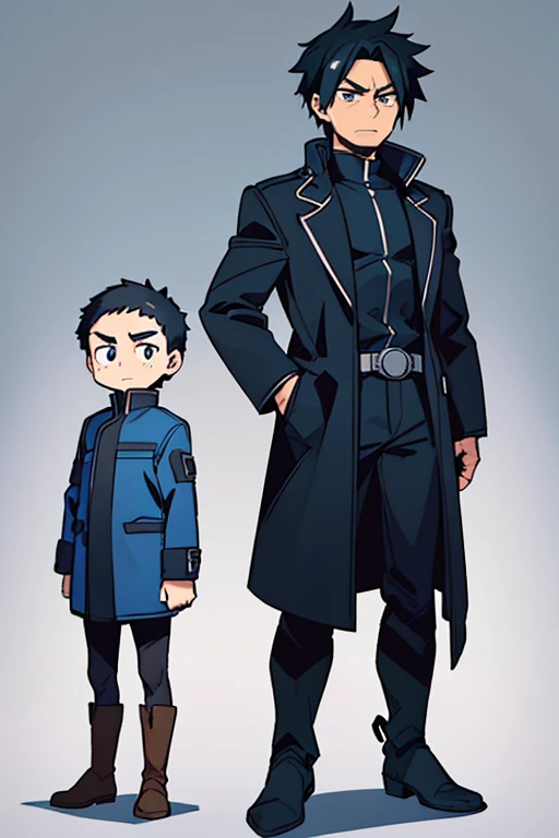 My Hero Academia style. middle aged man. neutral expression. medium length light-black hair. Blue-gray eyes. Wearing a black coat with metal plating. wearing blue boots. Standing straight. Arms at the side. Facing forward. Whole body can be seen. white background.