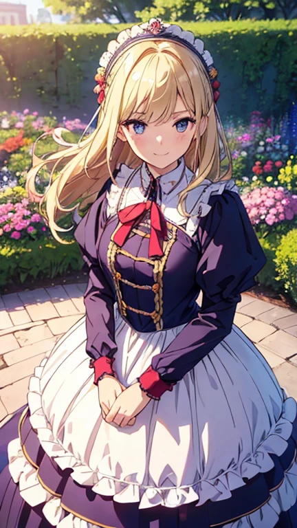 (tmasterpiece、top-quality、illustratio、Extremely high quality、high-level image quality、Extremely sensitive writing)Blonde girl standing in beautiful garden、A slight smile、She has a large bouquet、Cute national costume style dress，There are ruffles on the shoulders、Hair fluttering in the wind