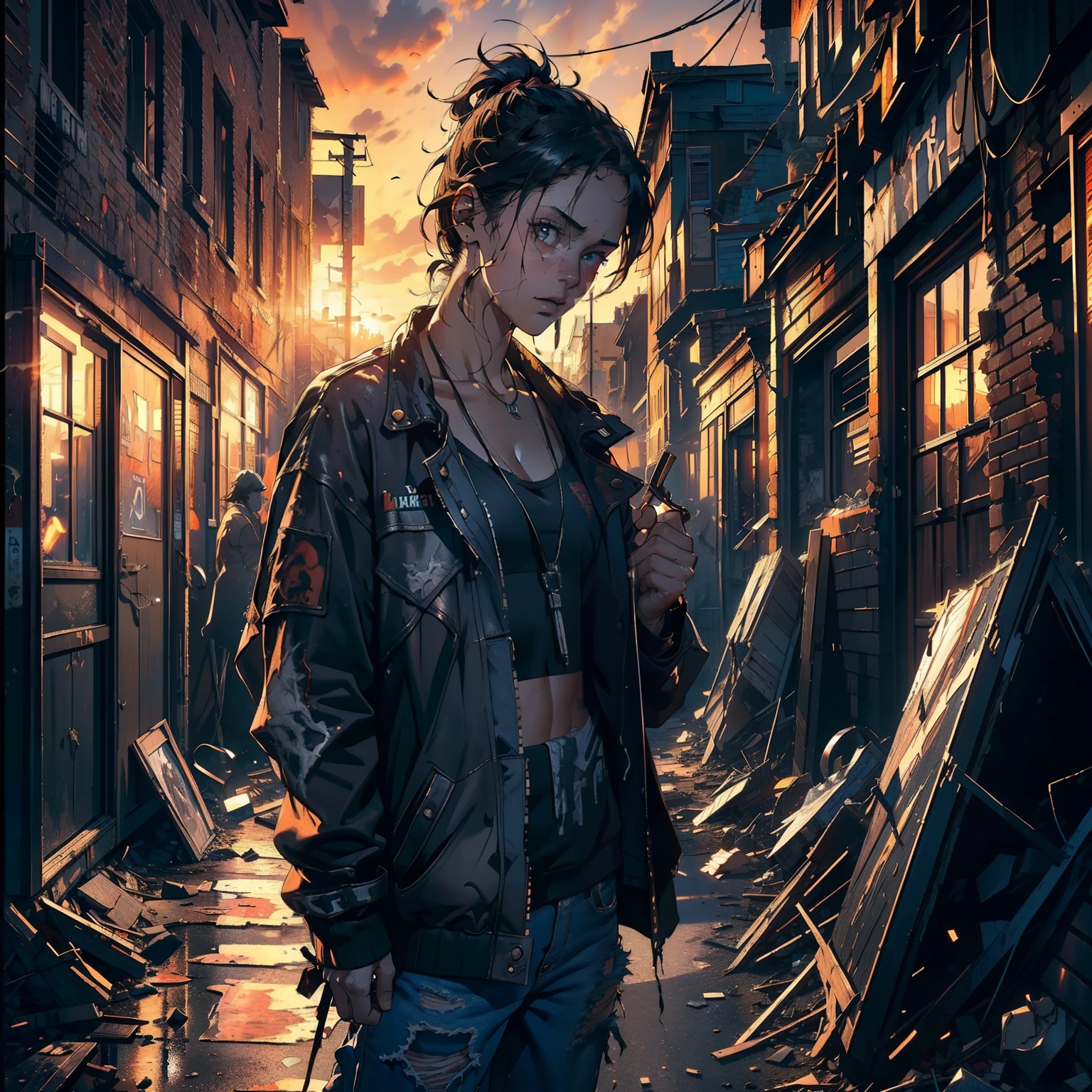 (NSFW, (((Masterpiece, Best Quality, photograph realistic))), (Rough textures), (nfsw, 8K Wallpaper, High resolution), Detailed wrinkles, Realistic smoke effects, Dynamic lighting, Dramatic contrast, Abandoned building, Worn-out clothing, Cigarette in hand, (1 woman), No roof, Smoking, Crack addiction,
[Full body shot], Close-up, Hands trembling, Smoke curling around body, Gritty environment, [Intense emotion], Broken down shack, Derelict alleyway, Distressed backdrop, Distressed and torn clothing, (Sunset), Raw and authentic, (Det