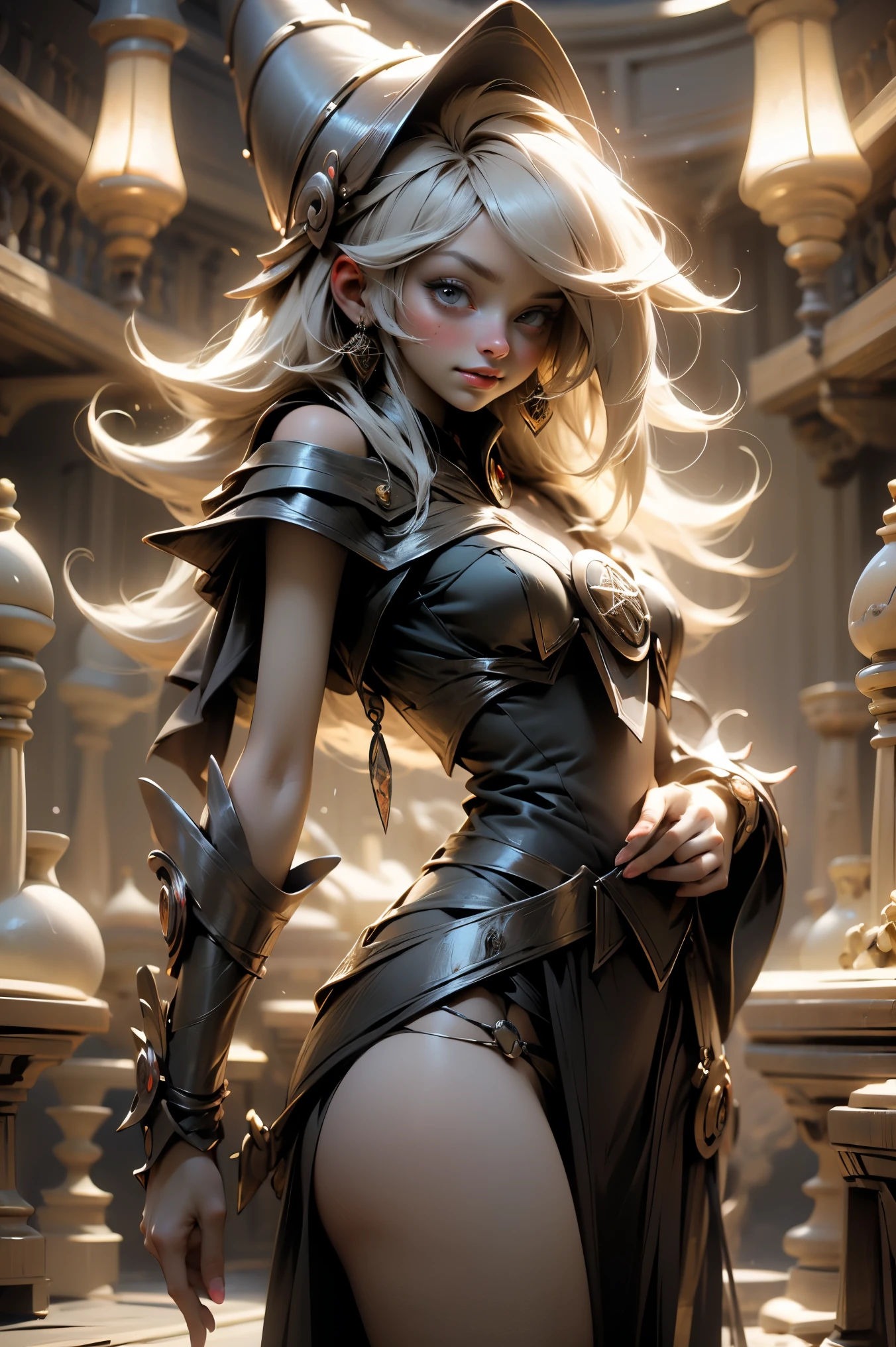 Dark magician gils sexy. With a glass heart in your hands. Ella tiene ojos azules. Cabello rubio. Labios rojos. Pose sensual. smile. is happy. She has a glass heart in her hands