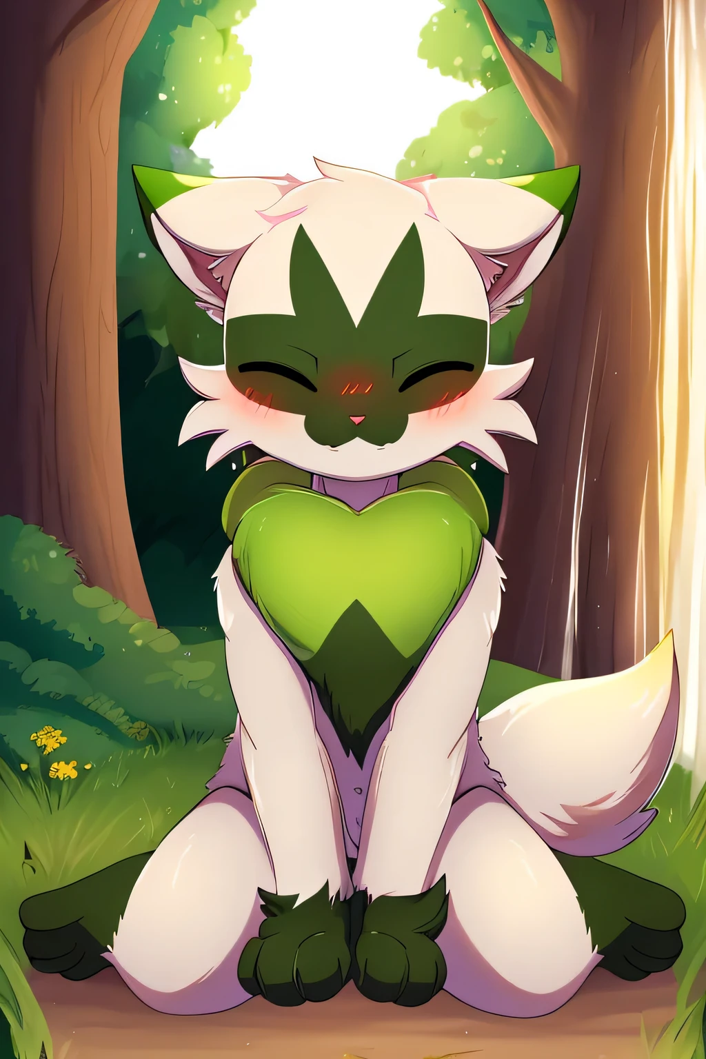 floragato, furry pokemon, cat, string, feet, sitting on the floor, solo, (body fur:1.2), (best quality), (detailed fluffy fur:1.1), looking at viewer, animal hands, tail, eyes closed, smile, background of some waterfalls, trees blushing,