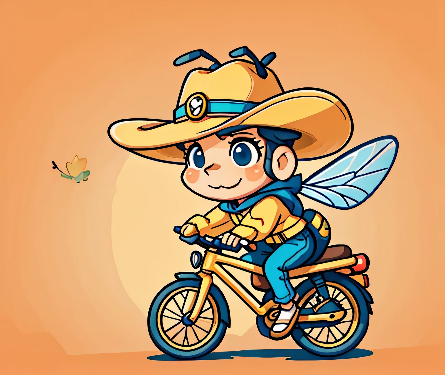 bee insect style of Pixar, bee wearing a cowboy hat, rides a bicycle, vector, western saddle.