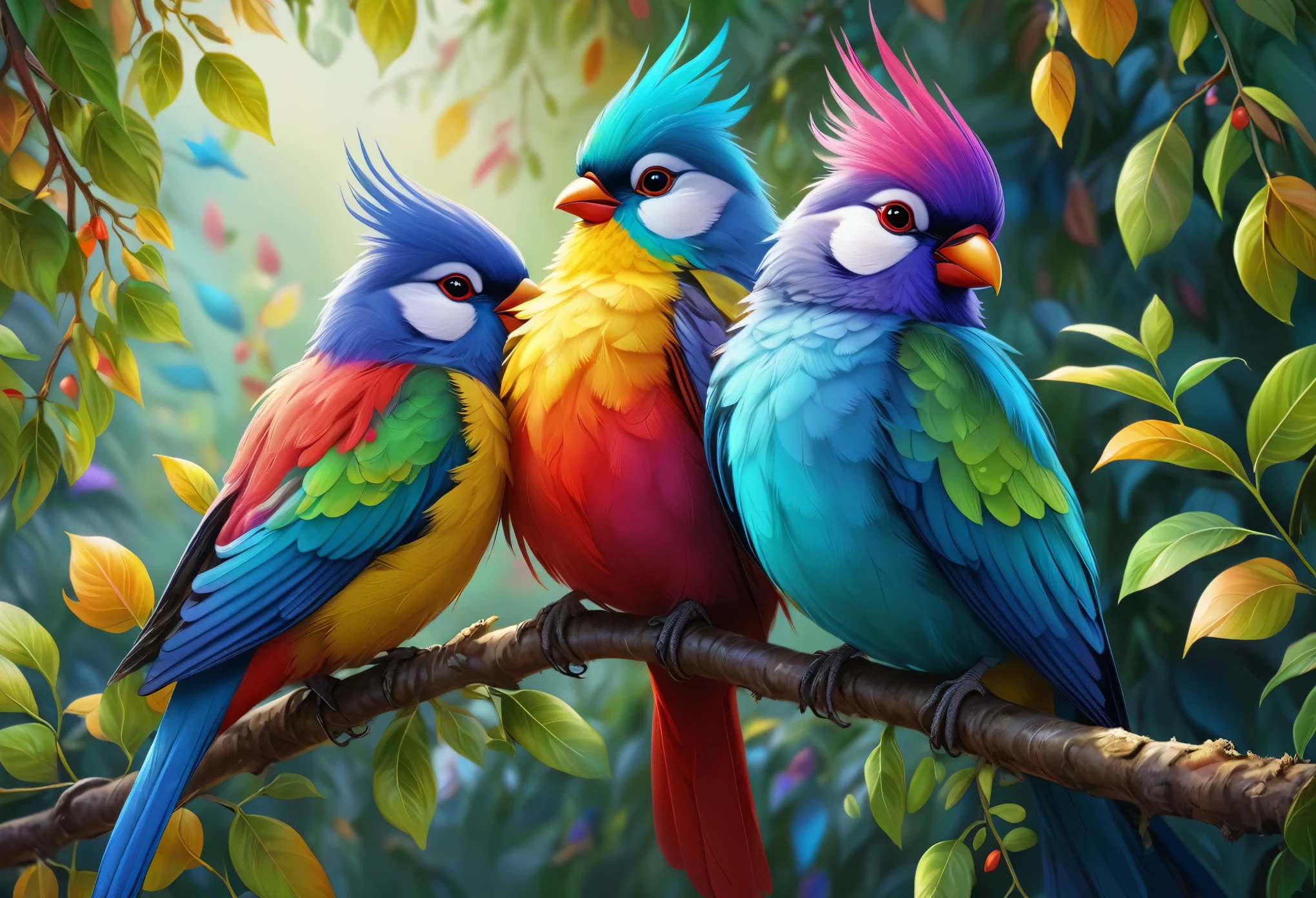 Brightly colored small birds perched on leafy branches in the background,3Feathered、 Colorful 8 k, colorful hd images, 4K high-definition digital art, Beautiful art UHD 4K, Long colorful bird, Colorful 4K, beautiful and colorful, vivid realistic colors, detailed painting 4k, Multicolored birds, beautiful colorful, 8K high quality detailed art