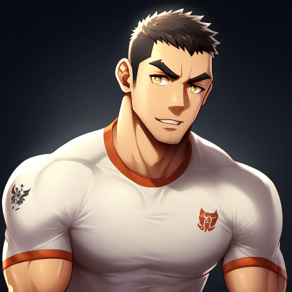 anime characters:Gyee, Fitness coach, 1 muscular tough guy, Manliness, male focus, SKINS brand sports tight T-shirt, Slightly transparent, muscular male, muscular, only, Upper body, alone, Black short hair, Thick eyebrows, stubble, Yellow eyes, Black background, simple background, amazing quality, best aesthetics, Ridiculous, bright pupils, crew cut, parted lips, embarrassed, forced smile, drop shadow, best quality