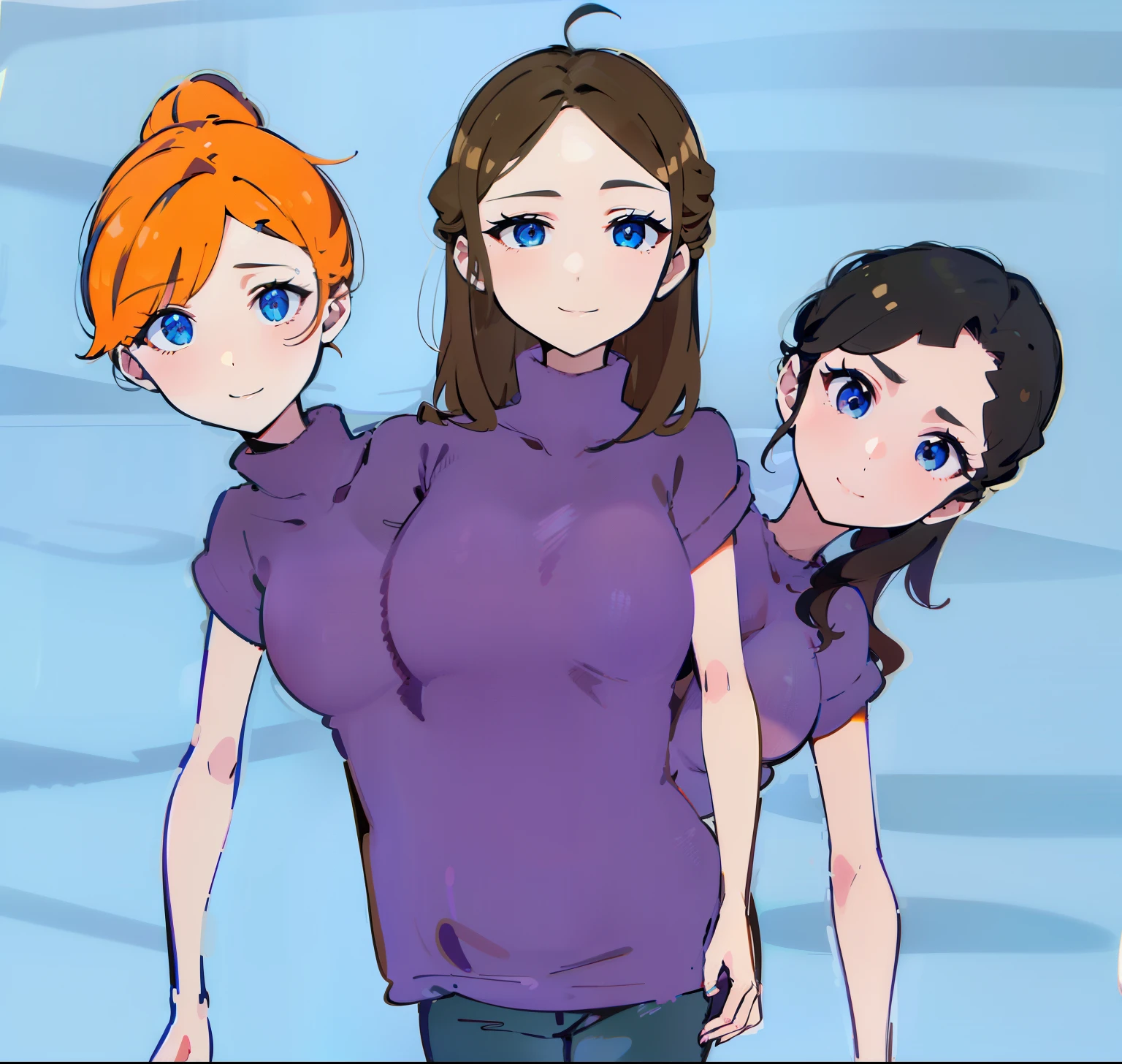 best quality, (masterpiece),(ultra-detailed), (high quality), (high resolution), ((3heads:1.5)), best quality:1.5, highres, UHD, 16K), three headed woman, smiling, highres, masterpiece, (orange hair), (black hair), (brown hair), (purple turtleneck shirt), blue jeans pants, three heads, one body, (blue eyes),  girl