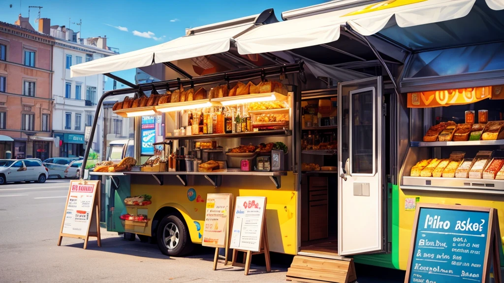 1 food truck, a girl at breakfast, Morning, LED light, Color LED, Sandwiches, drinks, Menus,  Breakfast 5 euros, 製作Sandwiches  