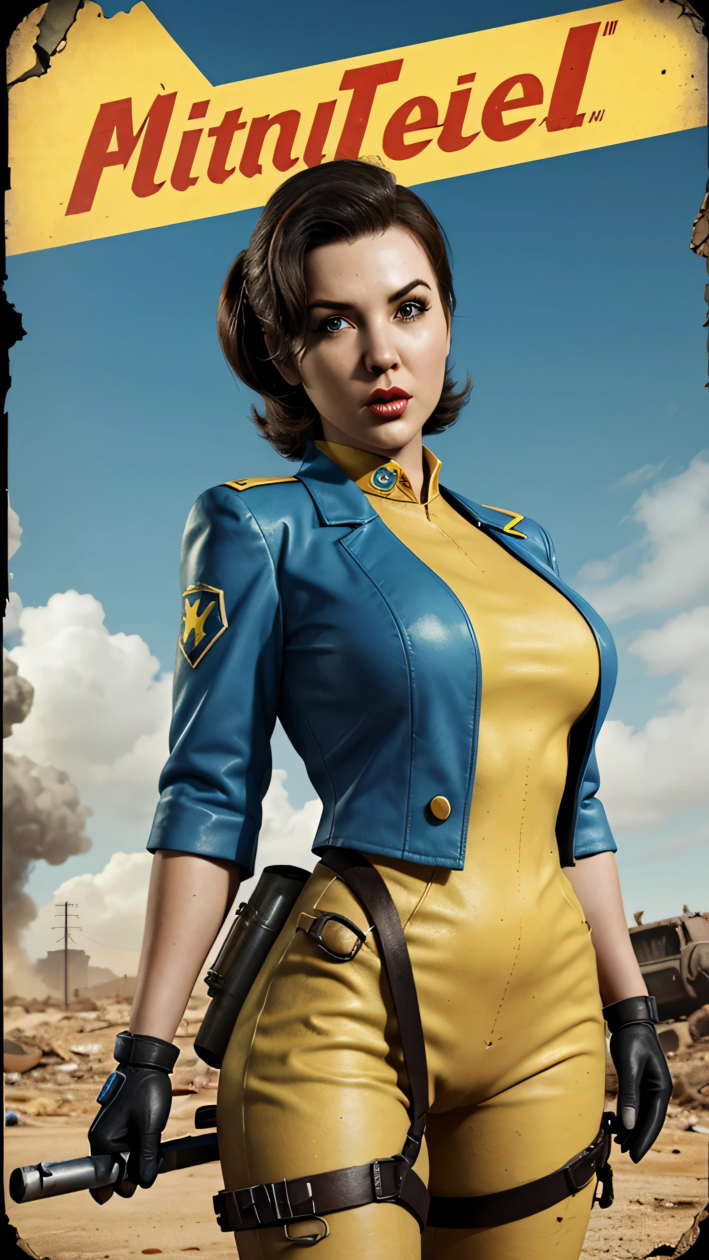 Fallout female character, with classic blue and yellow uniform suit, fiftyes poster of nuka-Cola pinup style, Post apocalyptic background