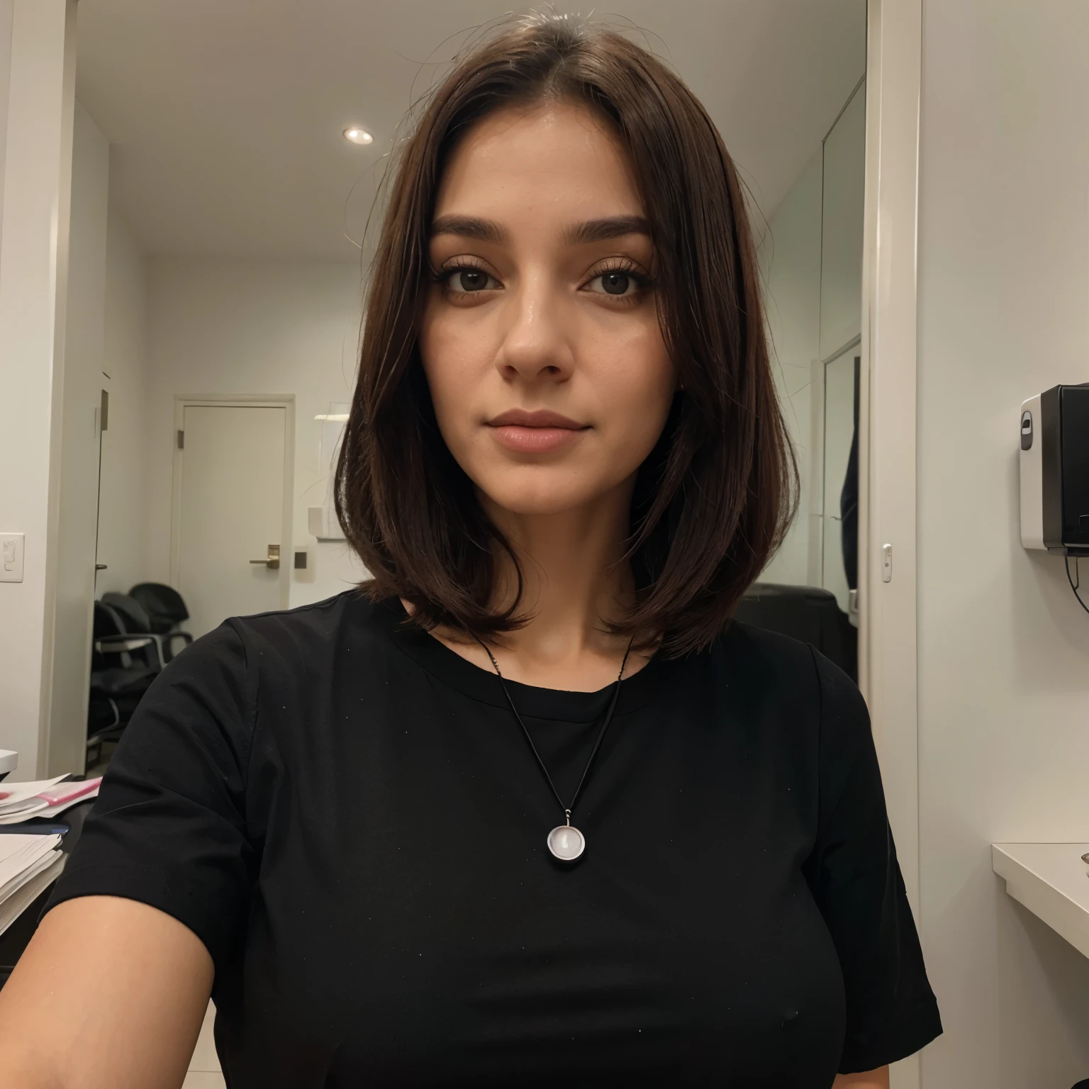 Uma mulher parda de 25 anos, de olhos castanhos escuro, com cabelo liso preto e grande, with doctor's clothing