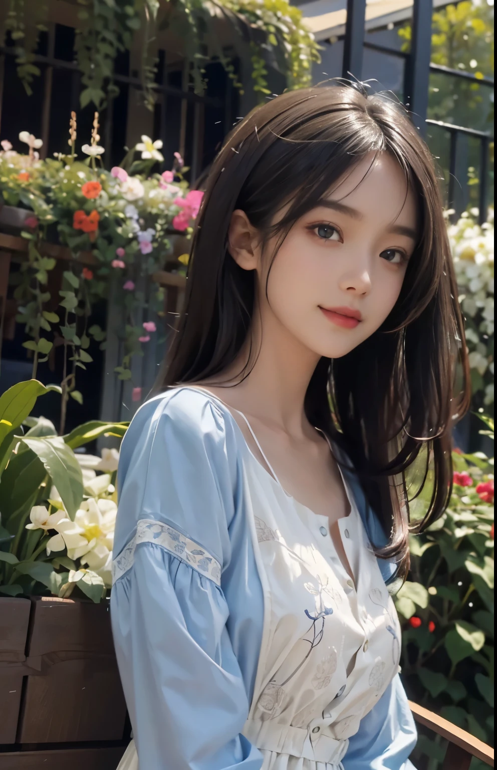 (ultra realistic) , (illustration), (increase resolution), (8K), (extremely detailed), (best illustration), (beautiful detailed eyes), (best quality), (ultra-detailed), (masterpiece),  (wallpaper), (detailed face), solo,1 girl, looking at viewers, black straight hair, delicate details,  in the dark, deep shadow, low key, pureerosfaceace_v1, happy smile, pastel-color summer dress, full body, garden