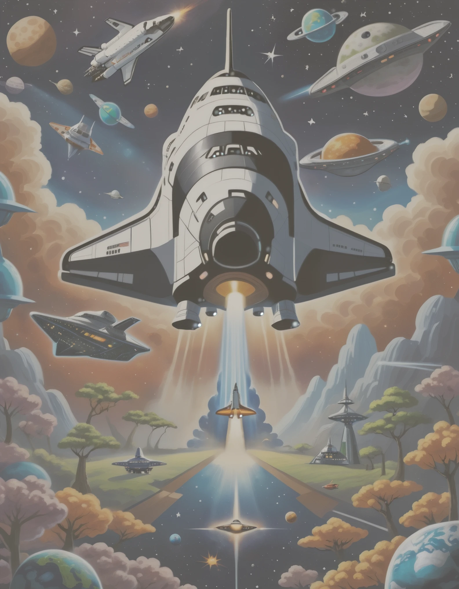 A drawing of a space shuttle and spaceship with cartoon aliens, with Spaceship in the sky, Spaceship in the sky, in space, In Star Japan, Space travelling, 多云的Spaceship in the sky, Gorgeous spaceship painting, 80s typographic science fiction art, rich and colorful!! Very detailed, epic spaceship scene, spaceship flight