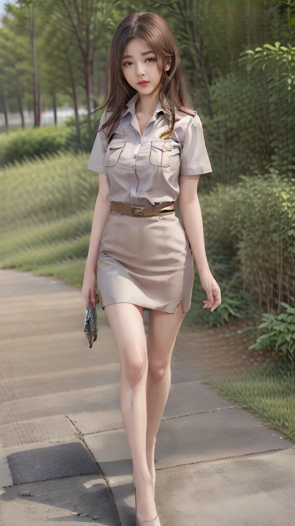 Khaki suit, khaki civil servant, Thai teacher uniform:1.3, Beautiful girl with extra long hair, Two meter long hair, Long hair that catches the eye, long black hair, Her hair is very long., Long, shiny hair, Long, thick, soft hair, Extra long hair, Dynamic posts, like full body, Short sleeve shirtสีกากี, short pencil skirtสีกากี, black high heels, The sexiest, small waist, hips raised, small thighs, Long legs, big breastsโต, big breasts:1.5, big breast, Very big breasts, Eye-catching breasts, Large breasts pierce the shirt, Not completely covered, big breast, Huge breast, Big tits D, สาวTwo meter long hair, Beautiful face, red lips, Very shiny, แต่งBeautiful face, Military rank insignia, short pencil skirt, tight, Short sleeve shirt, tight fitting, in the background, blurred garden. ultra short skirt, , Focus on short skirts, standing mannequin, walk, straight face, Open the top button., Standing in front of the flagpole, In front of the school gate, highest resolution, sharpness, HDR, CG, 16K, สาวสวยในKhaki suit, khaki civil servant, Thai teacher uniform:1.3, Beautiful girl with extra long hair, Two meter long hair, Long hair that catches the eye, long black hair, Her hair is very long., Long, shiny hair, Long, thick, soft hair, Extra long hair, Dynamic posts, like full body, Short sleeve shirtสีกากี, short pencil skirtสีกากี, black high heels, The sexiest, small waist, hips raised, small thighs, Long legs, big breastsโต, big breasts:1.5, big breast, Very big breasts, Eye-catching breasts, Large breasts pierce the shirt, Not completely covered, big breast, Huge breast, Big tits D, สาวTwo meter long hair, Beautiful face, red lips, Very shiny, แต่งBeautiful face, Military rank insignia, short pencil skirt, tight, Short sleeve shirt, tight fitting, in the background, blurred garden. ultra short skirt, , Focus on short skirts, standing mannequin, walk, straight face, Open the top button., Standing in front of the flagpole, In front of the school gate