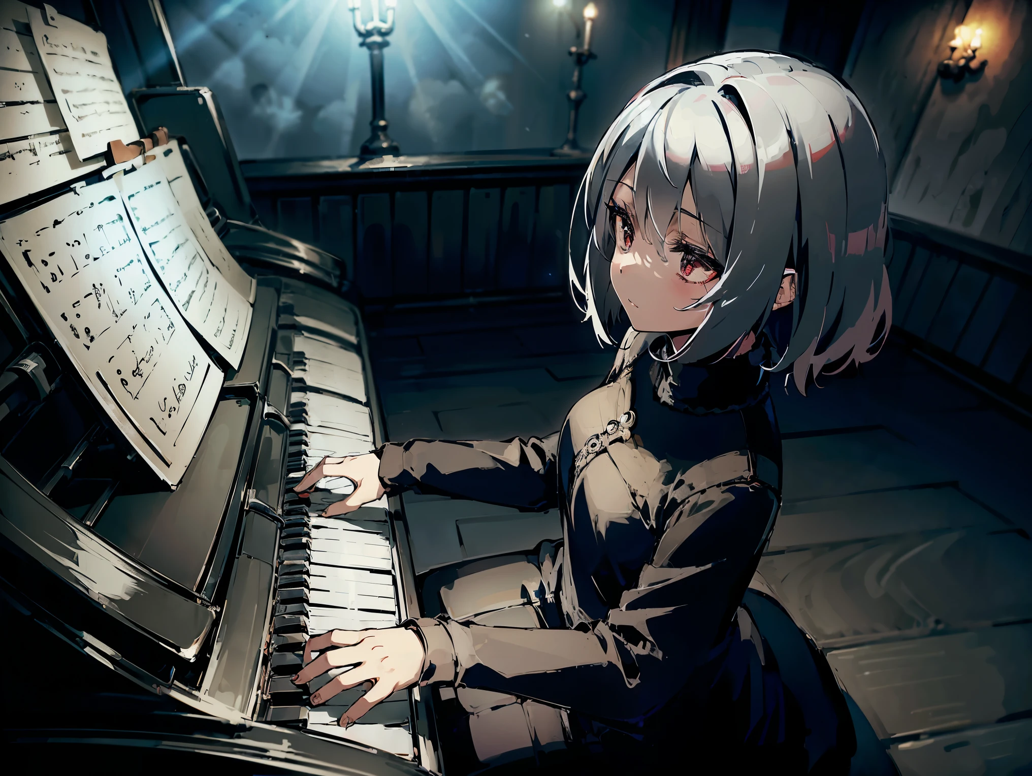 ((Cinematic view)), a girl with beautiful silver hair and expressionless red eyes, wearing a black , sitting and playing the piano, in a dark room, (vivid collors), (((anime_colors))).