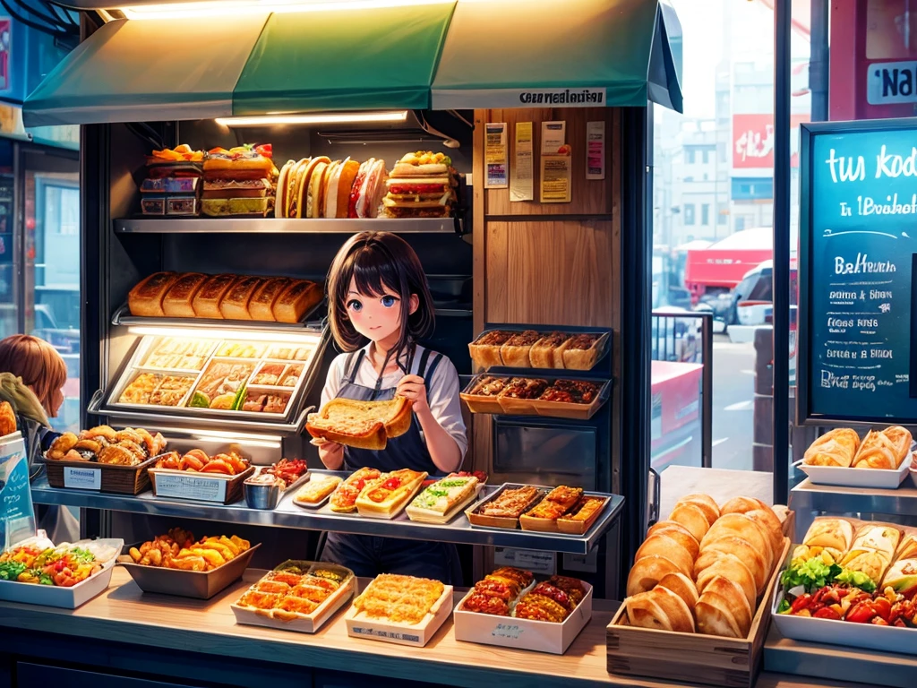 1 food truck, a girl at breakfast, Morning, LED light, Color LED, Sandwiches, drinks, Menus,  Breakfast 5 euros, 製作Sandwiches  