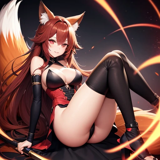 Only adult girl,Anime fox girl,animal ears,fox ears,large hair,long hair,fuffly hair,dark red  hair,intense red eyes,gorgeus smile mouth,large breast,, short middle dress,kemono dress, sexy fighter suit,red dress,fluffy tail,fox tail,dark red tail,long middle tail, black legs,full body,complete anatomy, black katana,katana in hand,black ninja shoes, ninja shoes, stay in a sexy fight pose,full 4k hd,high definition