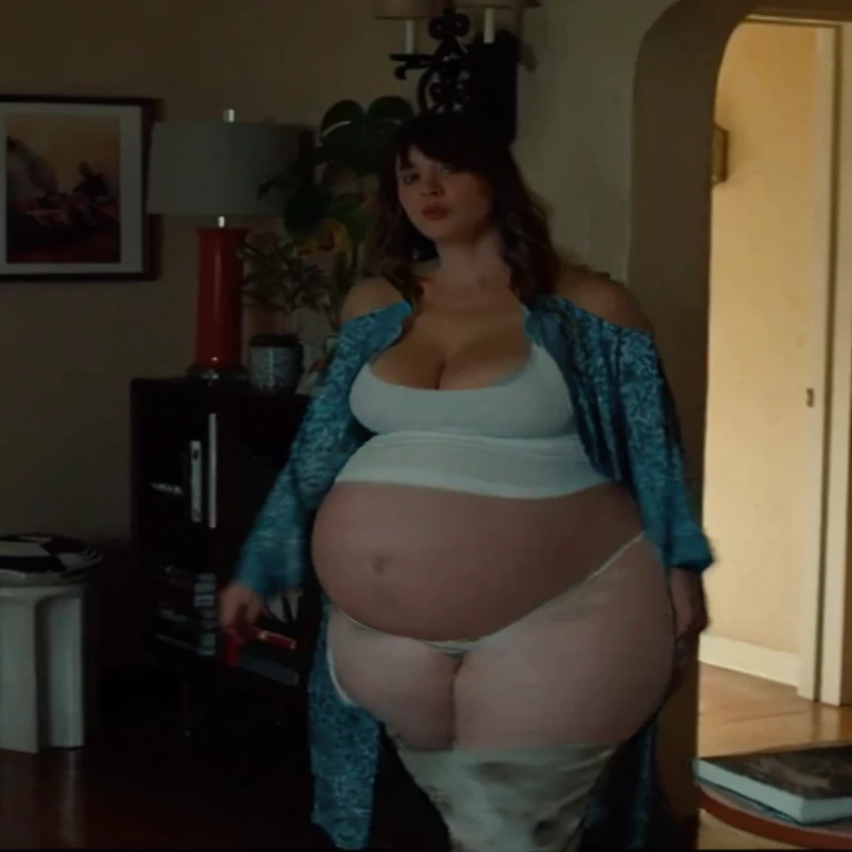 an attractive pregnant woman in a white bra top and blue off-shoulder, cleavage, huge hips, big belly, big stomach, belly exposed, pregnant belly, living room