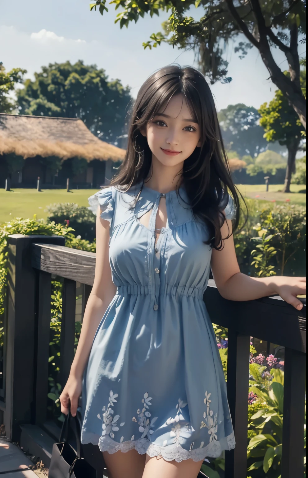 (ultra realistic) , (illustration), (increase resolution), (8K), (extremely detailed), (best illustration), (beautiful detailed eyes), (best quality), (ultra-detailed), (masterpiece), (wallpaper), (detailed face), solo,1 girl, looking at viewers, black straight hair, delicate details, in the dark, deep shadow, low key, pureerosfaceace_v1, happy smile, blue summer dress, full body, garden