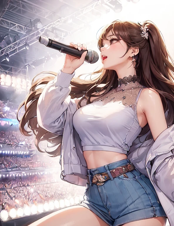 Limited to 1 female, K-POPアーティスト, (sing:1.2) (dynamic posing:1.2), (stylish clothes), mature woman, /(brown hair/) bangs, light smile, (Masterpiece of the highest quality:1.2) Delicate illustrations super detailed, large breasts break (have a microphone) break (music stage) indoors, spotlights of different colors, audience