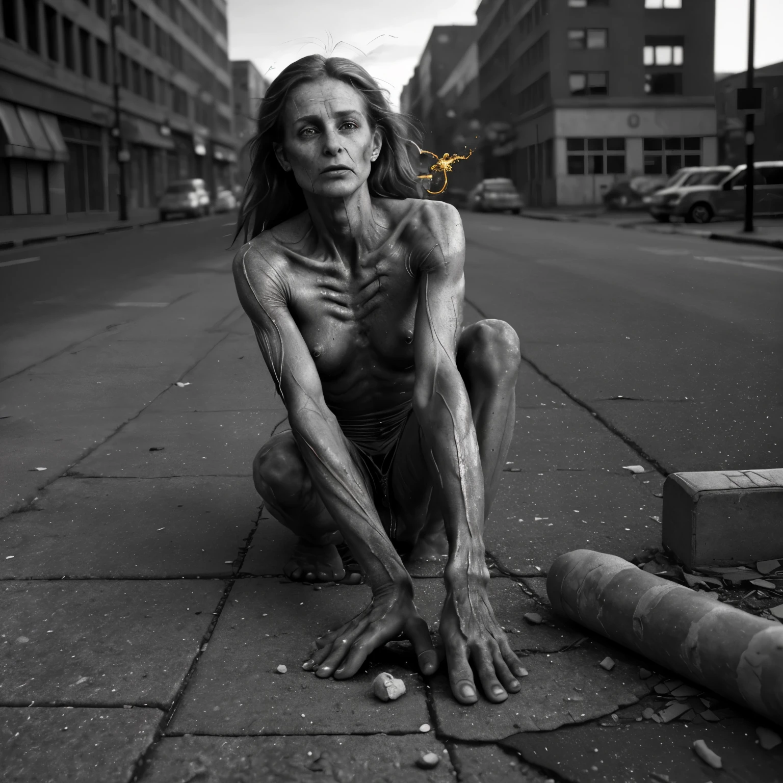 (Best quality, Ultra detailed, Golden ratio, Masterpiece: 1.1), Raw-Photo, Stark black and white contrast, Nude woman, playing on the street, smoking crack, (Detailed skin texture, goosebumps: 0.7), (Sharp focus on face and hands: 1.1), (Elongated shadows, gritty textures: 1.3), Broken pavement beneath her feet, abandoned building in the background, sun setting on the horizon, urban decay, (Flesh tones, realistic veins: 1.5), (Anxious, fallen expression: 0.8), (Cigarette smoke trails: 1),