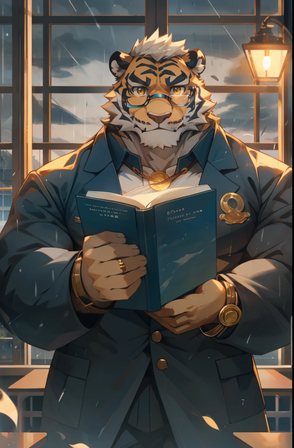 masterpiece,night,Anthropomorphic tiger,one person,(((s hair))),male,26 years old,thick eyebrows,Light-colored fur,Strong body,Large pecs,(((,Black teacher uniform,gold watch,Blue and black glasses))),full-body shot,在classroomAttend class,(((Holding a textbook))),(((looking out the window)))dark night,Light,classroom,(((white hair))),Serious,emotional focus,Reading a book,peaceful,Teacher,Attend class,golden pupils,big eyes,Strong,Lying on the bed,full body image,天空dark clouds密布,cloudy day,green plants,it'It's raining,big tree,high-rise,dark clouds(((background:高中classroom1.5))),(((Detailed character description))),