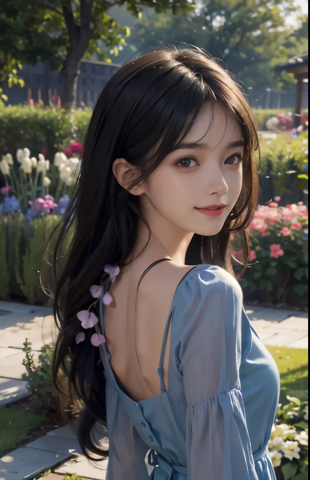 (ultra realistic) , (illustration), (increase resolution), (8K), (extremely detailed), (best illustration), (beautiful detailed eyes), (best quality), (ultra-detailed), (masterpiece),  (wallpaper), (detailed face), solo,1 girl, looking at viewers, black straight hair, delicate details,  in the dark, deep shadow, low key, pureerosfaceace_v1, happy smile, blue summer dress, full body, garden