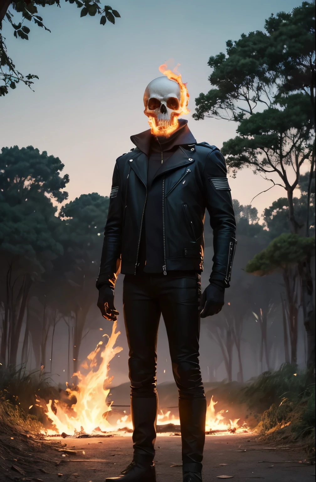 Motoqueiro Fantasma, skull, (head on fire), vestindo jaqueta de couro, olhando para o espectador, fechar o retrato, standing, fora, parque, trees, outono, twilight, twilight sky,humano, detalhe extremo, obra de arte,  